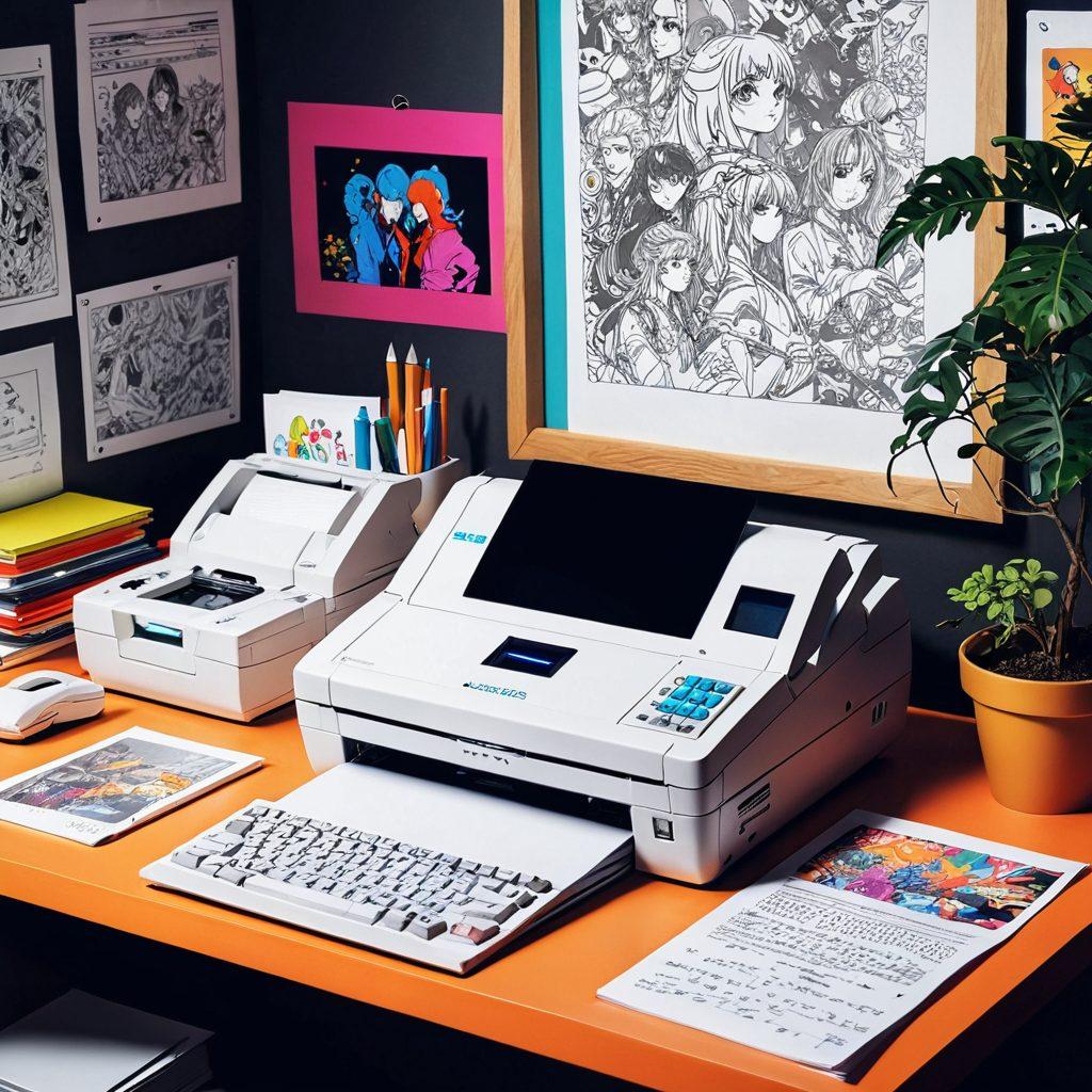 An artistic blend of traditional paper sketches transforming into vibrant pixelated digital art, symbolizing the evolution of adult anime communication. Include an old-fashioned fax machine juxtaposed with a modern digital tablet displaying anime characters. Incorporate elements of whimsical anime design, with colorful backgrounds that transition smoothly from analog to digital. surrealism. bright neon colors. 3D effect.