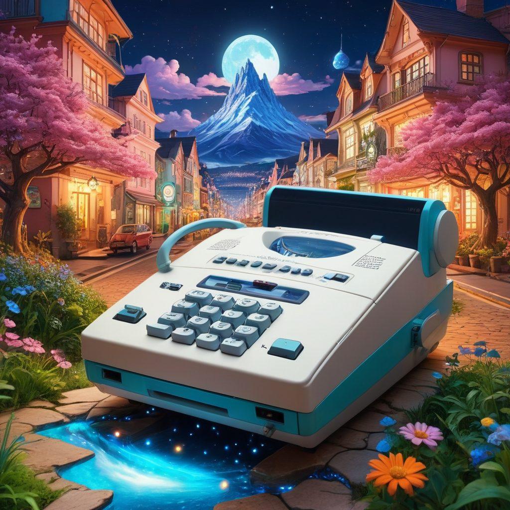 A whimsical scene depicting a fax machine sitting in a surreal anime world, surrounded by colorful characters and fantastical creatures engaged in playful activities. The fax machine emits vibrant streams of light, transforming into enchanted scrolls with illustrations of adult anime. In the background, towering fantasy landscapes and whimsical architecture come alive, blending reality and imagination. The overall ambiance is dreamlike, captivating, and playful. super-realistic. vibrant colors. 3D.