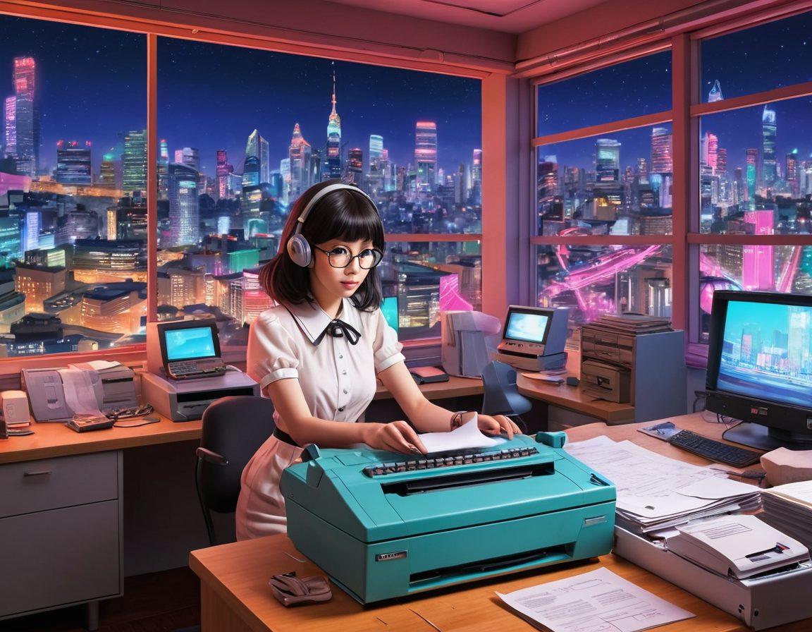 A vibrant, colorful fusion of adult anime characters interacting with vintage fax machines in a whimsical office setting, showcasing a playful blend of creativity and technology. The characters express excitement and curiosity as they experiment with innovative fax services, surrounded by papers and animated digital elements. The background features a surreal cityscape with neon lights reflecting the anime aesthetic. super-realistic. vibrant colors. 3D.